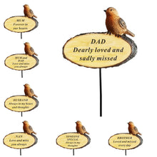 Load image into Gallery viewer, Memorial Robin on Log 3D Bird Stick Stake Pick Plaque Tribute Graveside Ornament