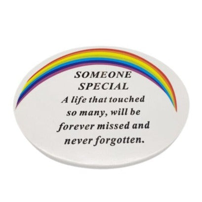 Someone Special - Memorial Oval White Graveside Plaque With Rainbow Detail