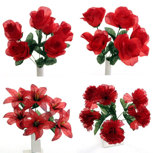35cm Red Artificial Flower Bunch - Lily Carnation Rose