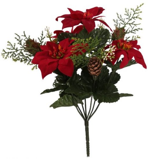 30cm Red Christmas Bush With Poinsettias And Pine Cones