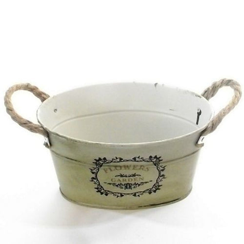 19cm Cream Metal Oval Planter with Rope Handles