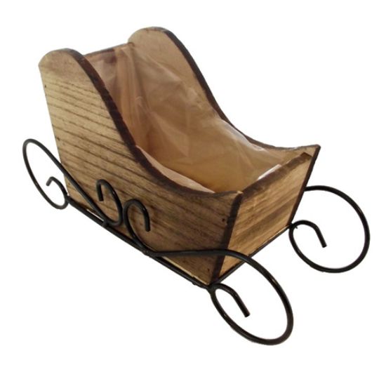 26cm Plastic Lined Wooden Christmas Sleigh Planter with Metal Legs
