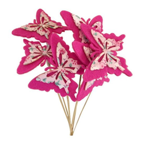 6 x 50cm Cerise Felt Butterfly with spring Bouquet Pick - Decoration Floral