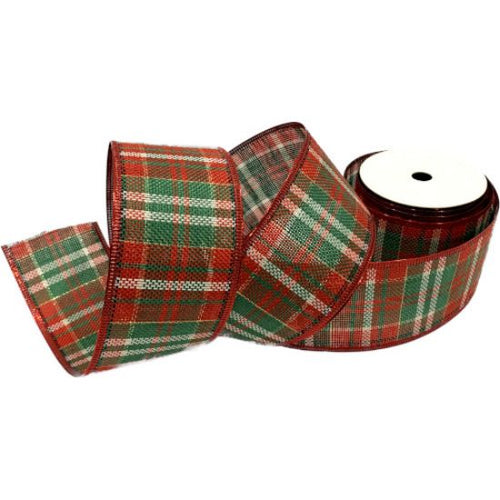10yds x 63mm Burlap Red Green Tartan Wired Edge Ribbon