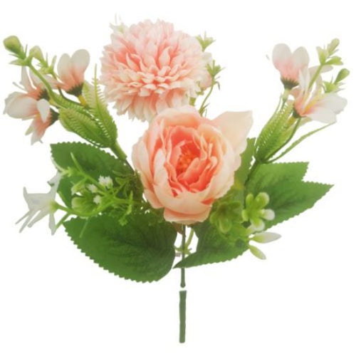 31cm Coral / Peach Peony, Spikey Mum and Wild Lily Bush