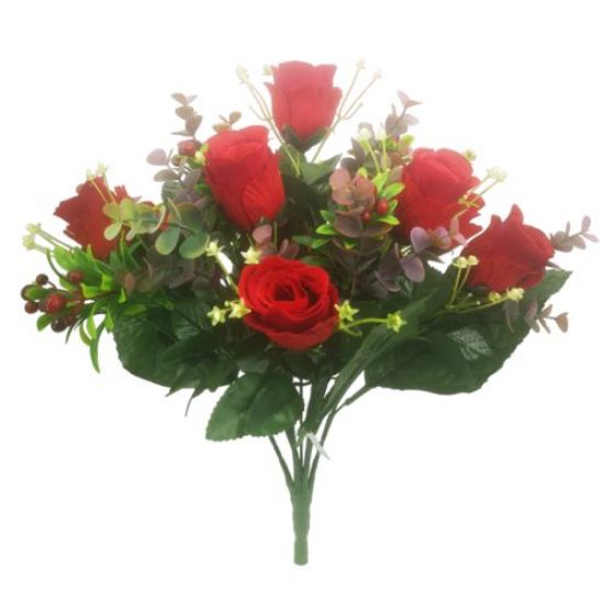 43cm Red Velvet Effect Rosebud Berry and Eucalyptus Bunch