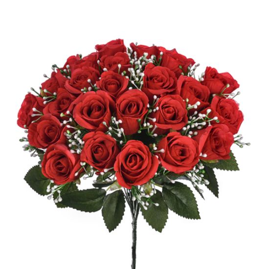 40cm - 24 Heads - Red Rose Bud Bunch with Gyp