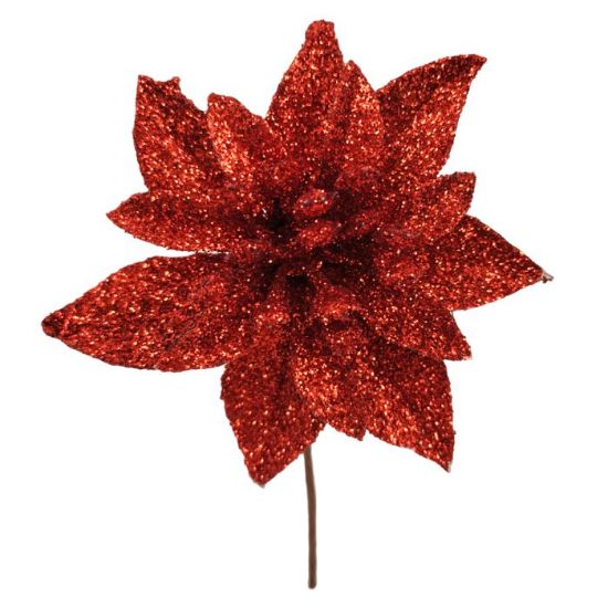 48 x 12cm Red Single Glittered Poinsettia Picks - FULL BOX