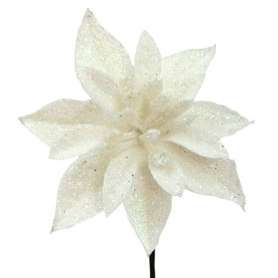 48 x 12cm White Single Glittered Poinsettia Picks - FULL BOX