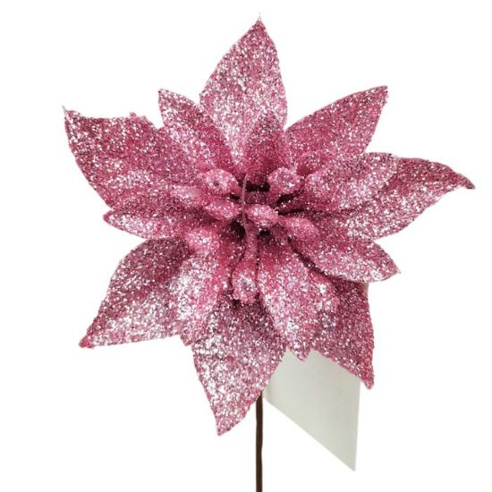 48 x 12cm Pink Single Glittered Poinsettia Picks - FULL BOX