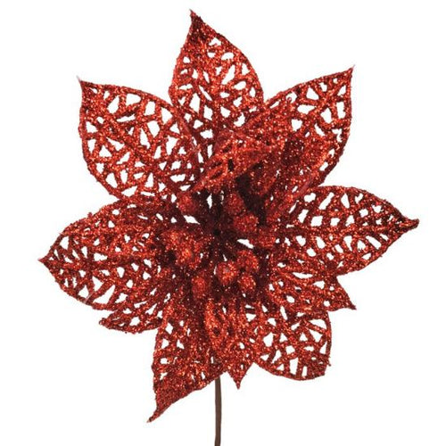 48 x 12cm Large Red Single Glittered Detailed Poinsettia Picks - FULL BOX