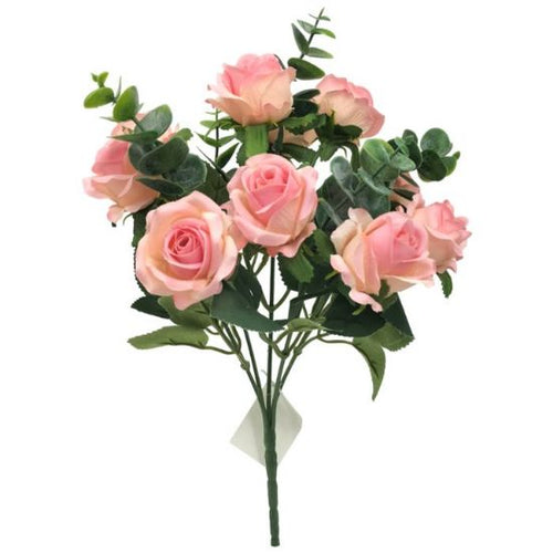 30cm Pink Mini Rose Bush with Eucalyptus - 10 Heads - Artificial Flower