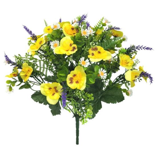 36cm Yellow / Purple Satin Pansy and Lavender Bush - Artificial Spring Flower