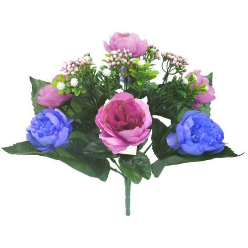 32cm Pink and Blue Peony Bush with Berries - Artificial Flower