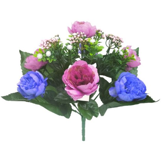 32cm Pink and Blue Peony Bush with Berries - Artificial Flower
