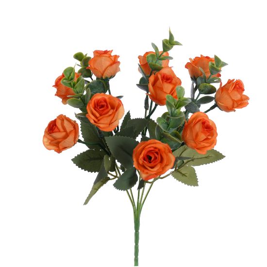 28cm Orange Mini Rosebud Bush with Eucalyptus - Artificial Flower