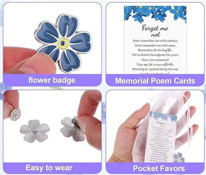 Direct Florist Supplies - Forget Me Not Memorial Pin Flower Lapel Brooch Funeral Favor with Memorial Poem Cards and Organza Bags for Memorial Remembrance Presents