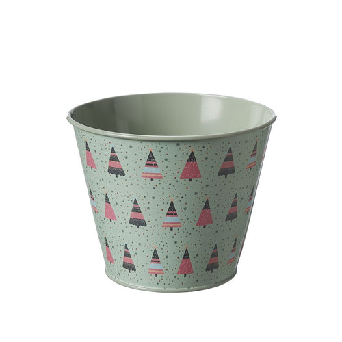 12cm x 15cm Oasis Sage Green and Pink Christmas Tree Metal Pot