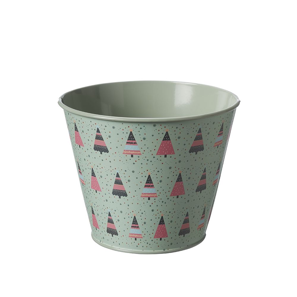 12cm x 15cm Oasis Sage Green and Pink Christmas Tree Metal Pot