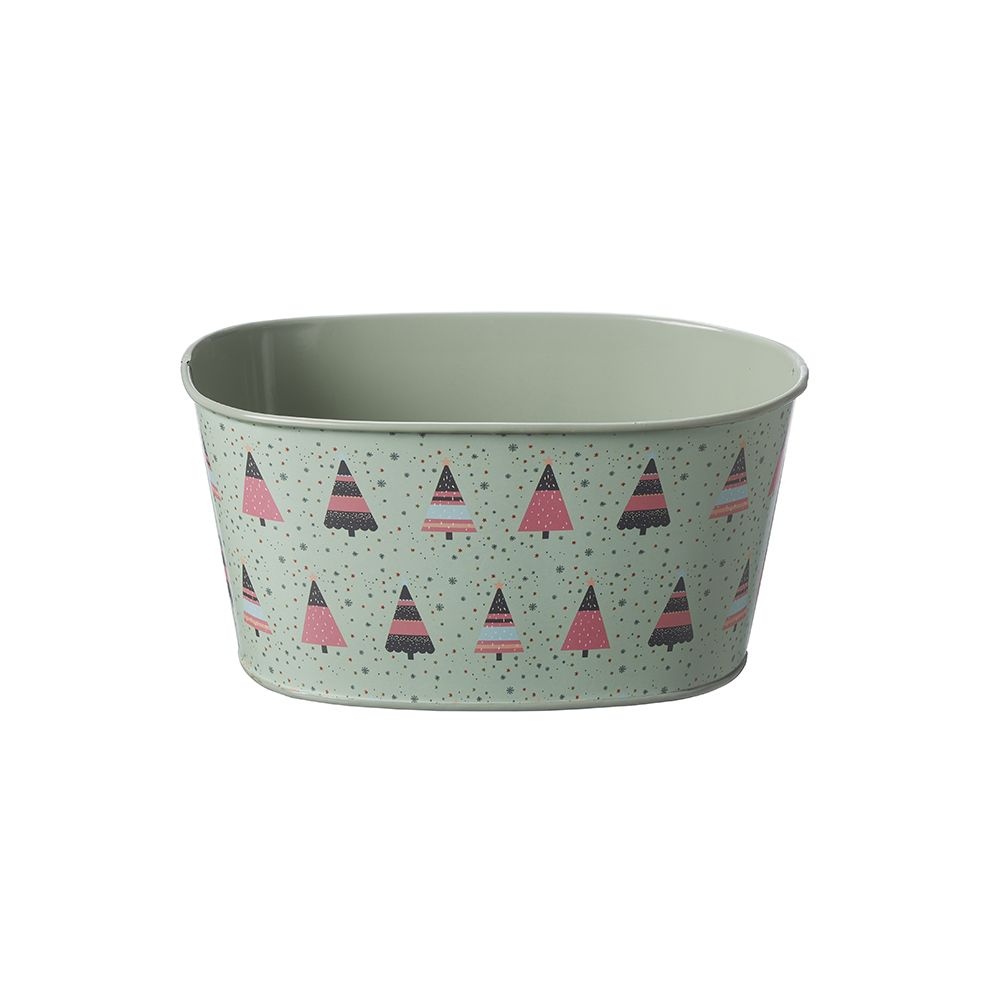 18cm Oasis Sage Green and Pink Christmas Tree Metal Trough