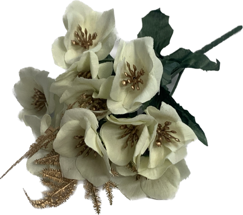 28cm Ivory & Gold Christmas Rose and fern Bush Bunch - Christmas Xmas Artificial Greenery