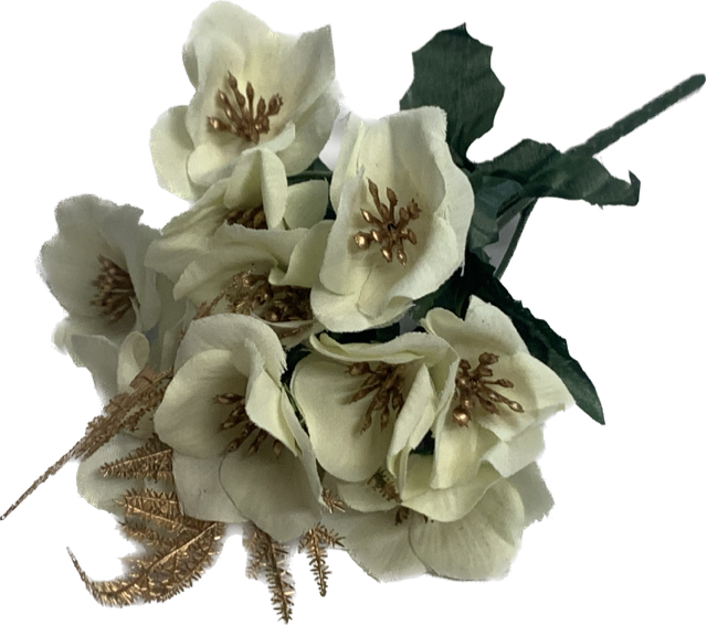 28cm Ivory & Gold Christmas Rose and fern Bush Bunch - Christmas Xmas Artificial Greenery