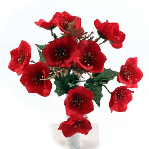 28cm Red & Gold Christmas Rose and fern Bush Bunch - Christmas Xmas Artificial Greenery