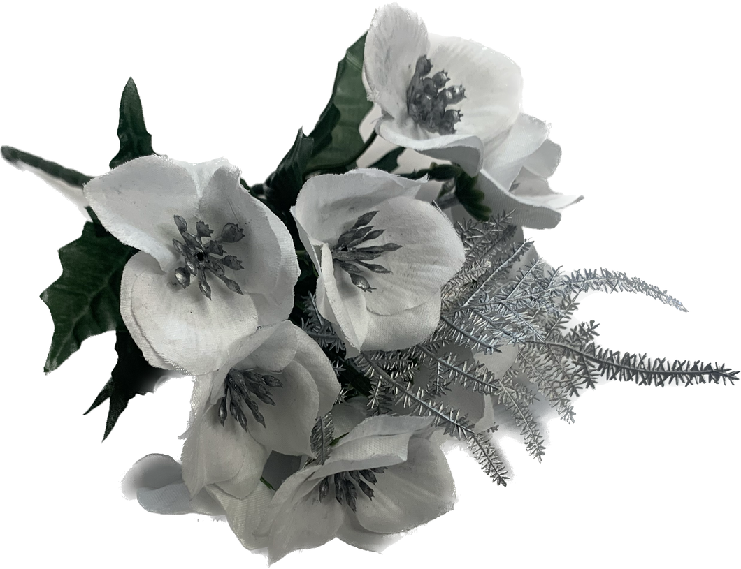 28cm White & Silver Christmas Rose and fern Bush Bunch - Christmas Xmas Artificial Greenery