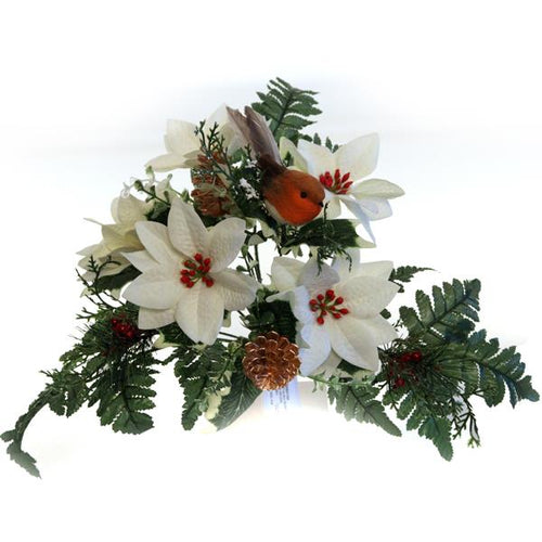 40cm Large Ivory Poinsettia Mixed Bunch with Robin - Christmas Xmas Artificial Greenery