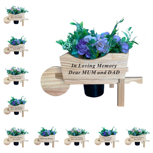 WAS: £15.95 / NOW: £10.00! Wooden Memorial Wheelbarrow Black Insert - Graveside Plaque - NOTE - does not come with flowers.