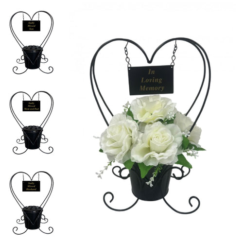 Black Heart Metal Memorial Planter with Flower Insert Pot and Name Plaque.