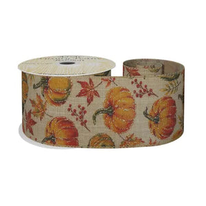 63mm x 10y Natural Ribbon with Autumn Pumpkin
