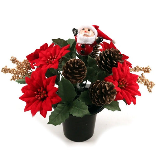 27cm Santa with Red Poinsettia and Cones - Christmas Memorial Grave Pot