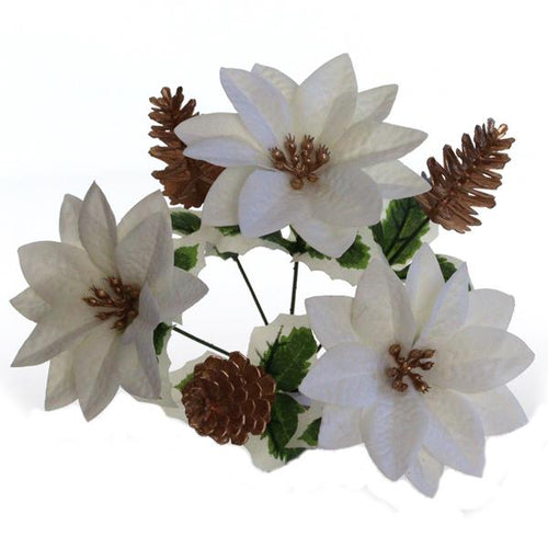31cm Ivory Velvet Poinsettia and Cone Bunch - Christmas Xmas Artificial Greenery