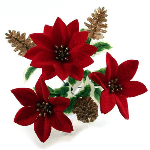 31cm Red Velvet Poinsettia and Cone Bunch - Christmas Xmas Artificial Greenery
