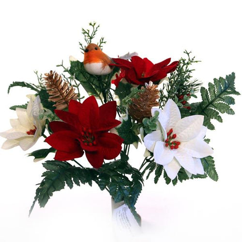 40cm Large Red & Ivory Poinsettia Mixed Bunch with Robin - Christmas Xmas Artificial Greenery