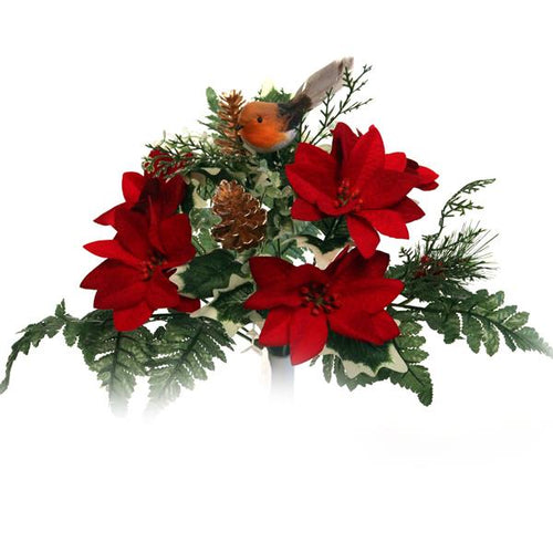 40cm Large Red Poinsettia Mixed Bunch with Robin - Christmas Xmas Artificial Greenery