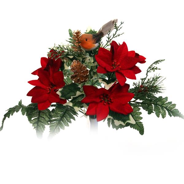 40cm Large Red Poinsettia Mixed Bunch with Robin - Christmas Xmas Artificial Greenery