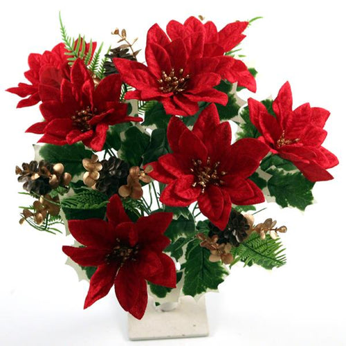 45cm 12 Head Red Velvet Poinsettia with Greenery Bunch - Christmas Xmas Artificial Greenery
