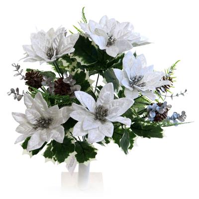 45cm 12 Head White Velvet Poinsettia with Greenery Bunch - Christmas Xmas Artificial Greenery