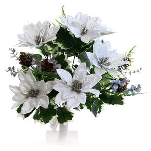 45cm 12 Head White Velvet Poinsettia with Greenery Bunch - Christmas Xmas Artificial Greenery