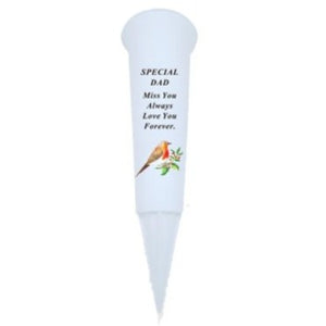 Dad Memorial White Plastic Robin Flower Grave Vase Spike - Remembrance Tribute