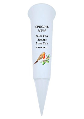 Mum Memorial White Plastic Robin Flower Grave Vase Spike - Remembrance Tribute