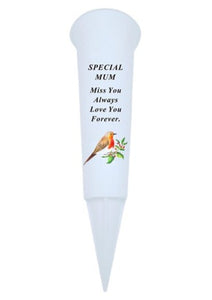 Mum Memorial White Plastic Robin Flower Grave Vase Spike - Remembrance Tribute