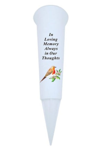 Memorial White Plastic Robin Flower Grave Vase Spike - Remembrance Tribute