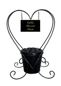 Black Heart Metal Memorial Planter with Flower Insert Pot and Name Plaque.