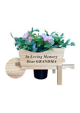 Load image into Gallery viewer, WAS: £15.95 / NOW: £10.00! Wooden Memorial Wheelbarrow Black Insert - Graveside Plaque - NOTE - does not come with flowers.