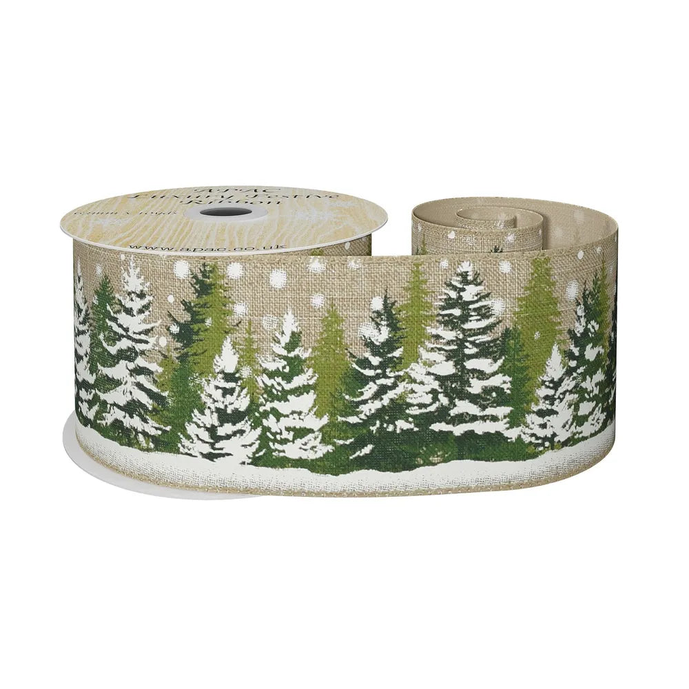 10yds x 63mm Deluxe Christmas Natural Ribbon with Green Trees and Snow