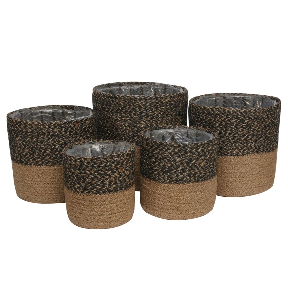 5 different sizes TwoTone Black & Natural Jute Braided Rope Basket