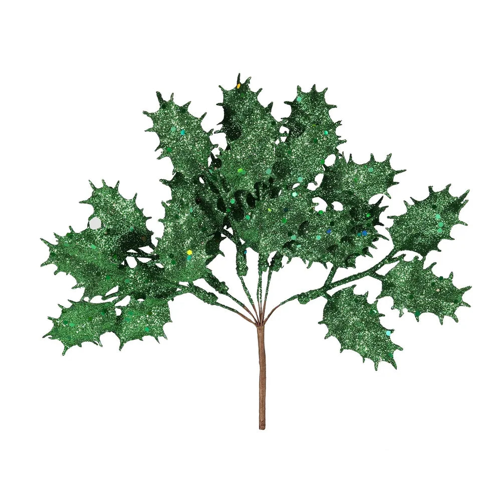 20cm Green Glitter Holly Pick - Christmas Xmas Artificial Greenery